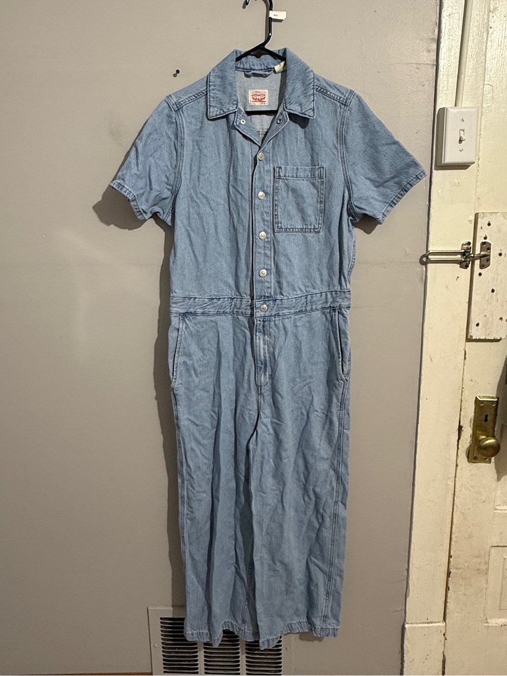 Levis Womens M Denim Jumpsuit Short Sleeve Button Front Wide Leg Utility Blue